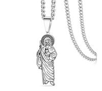 VASSAGO Collier San Judas Tadeo pour homme et femme en acier inoxydable Médaille Saint Judas Patron catholique Saint des causes perdues amulette chrétienne bijoux religieux (Argent 2)