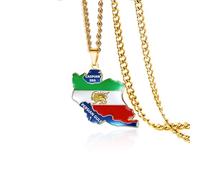 VASSAGO Iran Carte Collier En Acier Inoxydable Perse Iran Lion Et Couronne De Soleil/Faravahar/Derafsh Kaviani Pendentif Persan Drapeau Iranien Collier Bijoux Cadeaux Pour Les Femmes Hommes (Or 1)