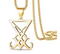VASSAGO Sigil de Lucifer Collier pour Hommes Femmes en Acier Inoxydable Symbole satanique Sceau de Satan Lucifer Pendentif Collier Diable démon Bijoux Cadeau (Collier Sigil de Lucifer-Or)
