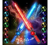 VATOS 2PCS Sabres Lumineux Rechargeables pour Enfants, 15 Couleurs Variables avec Effets Sonores de Combat, Jouet de Sabre Lumineux LED Rétractable 2 en 1 pour Cosplay, Fêtes sur Samouraïs