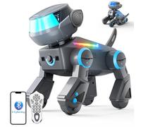 VATOS Bluetooth Chien Robot pour Enfants,Chien Robot Interactif Programmable avec Yeux LED Multicolores,Chienrobot Rechargeable Chantant et Dansant avec Télécommande pour Garçons et Filles,Gris