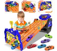 VATOS Camion de Transport Amélioré sur 5 Voies, Jouets Voitures pour Garçons Âgés de 3 4 5 6 7 8, Camion de Course Portable Jouet avec 5 Voitures, Ensemble de Camions Porte-Conteneurs pour Enfants