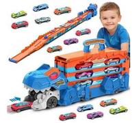 VATOS Camion de Transport Dinosaure - Jouet 2 en 1 avec Piste Catapulte Pliable et 8 Voitures de Course, Jouet Camion pour Enfants 3-5 Ans G