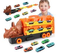 VATOS Camion de transport - Jouet de voiture pour garçons de 3 à 4 5 6 7 ans - Dinosaure - Circuit de course portable - Avec 6 voitures de course - Véhicules de transport pour enfants
