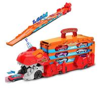 Vatos Camion Transporteur Dinosaures 2-en-1 avec 8 Voitures et Piste de Course, Jouet Enfant avec Sons et Boîte de Rangement