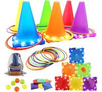 VATOS Jeux Exterieur Enfant Parcours de Motricité - 3 en 1 Jeu de Balle, Anneau et Sac de Haricots Lumineux, Jouets de Jardin, de Carnaval et de fête pour Les Enfants