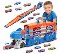 VATOS Jouet de Camion de Transport de Dinosaures - Jouets de Piste Pliante à Éjection 2 en 1 avec Son, Jouet de Camion Portable avec 8 Voitures de Course, Meilleur Cadeau Ensemble de Jouets Véhicules