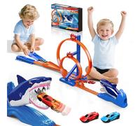 VATOS Kit de voiture de course pour enfants, avec 2 voitures de course et 2 pistes de boucle, jeu de saut requin, catapulte, piste de cascade, jouet cadeau pour garçons à partir de 3, 4, 5, 6, 7, 8