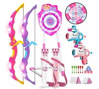 VATOS Lot de 2 jouets de tir à l'arc et aux flèches LED pour enfants de 5 à 12 ans, arc lumineux et cible à ventouse sirène, 73 cm, jeu de fléchettes pour l'intérieur et l'extérieur, cadeau pour