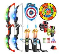 VATOS Lot de 2 jouets de tir à l'arc et aux flèches LED pour enfants de 5 à 12 ans, arc lumineux et cible à ventouse requin, 73 cm, jeu de fléchettes pour l'intérieur et l'extérieur, cadeau pour
