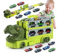 VATOS Transport Truck Jouets de voiture pour enfants Âge 3 4 5 6 7 Jouet portable de dinosaure piste de course avec 6 voitures de course, transporteur camion