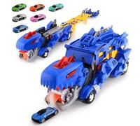 Vattikam Jouet de Camion Dinosaure - Transporteur Voitures Portable avec Piste de Course Éjectable et 6 Voitures de Vourse, Camion de Course Cadeaux Jouets pour Enfants Garçons de 3+ Ans