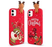 Vauki [2 Pack Noel Coque pour iPhone 11, avec 3D Cerf Poupée Dessin Animé Motif Cadeau de Noël Housse, Rouge Silicone Souple Étui Antichoc Case pour iPhone 11 6.1", Cerf Souriant
