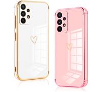 Vauki 2 Pièces Coque pour Samsung Galaxy A33 5G, Fine Souple Silicone TPU Antichoc Housse, Étui avec Motif Coeur et Bordure Dorée Hommes et Femmes Protection Case per Samsung A33 5G, Blanc et Rose