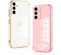 Vauki 2 Pièces Coque pour Samsung Galaxy A34 5G,Fine Souple Silicone TPU Antichoc Housse, Étui avec Love Motif Coeur et Bordure Dorée Hommes et Femmes Protection Case per Samsung A34 5G, Blanc et Rose