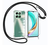 Vauki Coque avec Cordon de Collier pour Honor X6b Transparente en Silicone avec Protecteur d'écran, Housse TPU Réglable Chaîne Lanyard Case Antichoc Étui pour Honor X6b, Noir