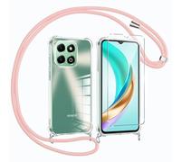 Vauki Coque avec Cordon de Collier pour Honor X6b Transparente en Silicone avec Protecteur d'écran, Housse TPU Réglable Chaîne Lanyard Case Antichoc Étui pour Honor X6b, Rose