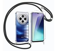Vauki Coque avec Cordon de Collier pour Xiaomi Redmi 14C Transparente en Silicone avec Protecteur d'écran, Housse TPU Réglable Chaîne Lanyard Case Antichoc Étui pour Xiaomi Redmi 14C, Noir