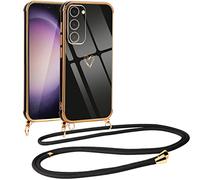 Vauki Coque Collier pour Samsung S23 avec Cordon, Galvanisé Etui Housse avec Motif Coeur d'amour, Antichoc Anti-Rayures Case avec Bandoulière pour Samsung Galaxy S23 6.1", Nior