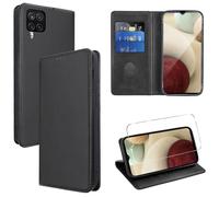Vauki Coque Cuir pour Samsung Galaxy A12/M12/A12 Nacho 6.5" avec 1 Verre Trempé Etui à Rabat en PU Porte-Cartes Portefeuille Support Flip Housse Magnétique Antichoc Anti-Rayures Case,Noir