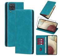 Vauki Coque Cuir pour Samsung Galaxy A12/M12/A12 Nacho avec 1 Verre Trempé Etui à Rabat en PU Porte-Cartes Portefeuille Support Flip Housse Magnétique Antichoc Anti-Rayures Case 6.5",Bleu Clair