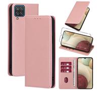 Vauki Coque Cuir pour Samsung Galaxy A12/M12/A12 Nacho avec 1 Verre Trempé Etui à Rabat en PU Porte-Cartes Portefeuille Support Flip Housse Magnétique Antichoc Anti-Rayures Case 6.5",Rose-Gold