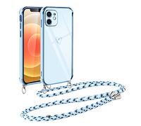 Vauki Coque pour iPhone 12 avec Cordon de Collier, Galvanisé Etui Housse avec Motif Coeur d'amour, Antichoc Anti-Rayures Case avec Bandoulière pour iPhone 12 6.1", Bleu
