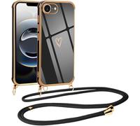 Vauki Coque pour iPhone 16e 2025 avec Cordon de Collier, Galvanisé Etui Housse avec Motif Coeur d'amour, Antichoc Anti-Rayures Case avec Bandoulière pour iPhone 16e 6.1", Noir