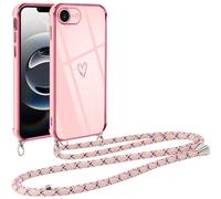 Vauki Coque pour iPhone 16e 2025 avec Cordon de Collier, Galvanisé Etui Housse avec Motif Coeur d'amour, Antichoc Anti-Rayures Case avec Bandoulière pour iPhone 16e 6.1", Rose