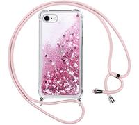 Vauki Coque pour iPhone 6/iPhone 6s avec Cordon,Paillette Liquide Transparent Crystal Glitter Housse,Protection Antichoc Silicone Souple TPU Bumper Case,Réglable Collier pour iPhone 6S,Rose