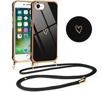 Vauki Coque pour iPhone SE 2022/2020/iPhone 8/7 avec Cordon de Collier, Galvanisé Etui Housse avec Motif Coeur d'amour, Antichoc Anti-Rayures Case avec Bandoulière pour iPhone SE 2022/7 4.7", Nior