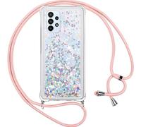 Vauki Coque pour Samsung Galaxy A23 4G avec Cordon,Paillette Liquide Transparent Crystal Glitter Housse,Protection Antichoc Silicone Souple TPU Bumper Case,Réglable Collier pour Samsung A23 4G,Argent