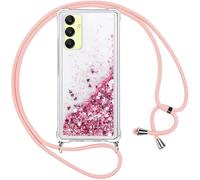 Vauki Coque pour Samsung Galaxy A25 5G avec Cordon, Paillette Liquide Transparent Crystal Glitter Housse, Protection Antichoc Silicone Souple TPU Bumper Case,Réglable Collier pour Samsung A25, Rose