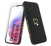 Vauki Coque pour Samsung Galaxy A53 5G avec 2 Verre Trempé, Etui Fille avec Or Motif Coeur Souple TPU Silicone Antichoc Anti-Rayures Housse Compatible avec Samsung Galaxy A53 5G, Noir