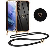 Vauki Coque pour Samsung Galaxy S21 Plus 5G avec Cordon de Collier, Galvanisé Etui Housse avec Motif Coeur d'amour, Antichoc Anti-Rayures Case avec Bandoulière pour Samsung S21+ 6.7", Nior