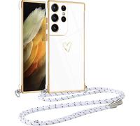 Vauki Coque pour Samsung Galaxy S21 Ultra 5G avec Cordon de Collier, Galvanisé Etui Housse avec Motif Coeur d'amour, Antichoc Anti-Rayures Case avec Bandoulière pour Samsung S21 Ultra 5G 6.8", Blanc