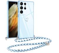 Vauki Coque pour Samsung Galaxy S21 Ultra 5G avec Cordon de Collier, Galvanisé Etui Housse avec Motif Coeur d'amour, Antichoc Anti-Rayures Case avec Bandoulière pour Samsung S21 Ultra 5G 6.8", Bleu