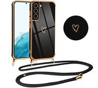 Vauki Coque pour Samsung Galaxy S22 Plus 5G avec Cordon de Collier, Galvanisé Etui Housse avec Motif Coeur d'amour, Antichoc Anti-Rayures Case avec Bandoulière pour Samsung S22+ 5G 6.55", Nior