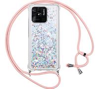 Vauki Coque pour Xiaomi Redmi 10C/Xiaomi Poco C40 avec Cordon,Paillette Liquide Transparent Crystal Glitter Housse,Protection Antichoc Silicone Souple TPU Bumper Case,Réglable Collier pour Redmi 10C