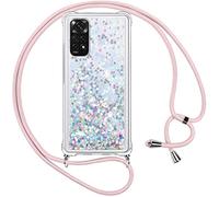 Vauki Coque Xiaomi Redmi Note 11/Note 11S avec Cordon,Paillette Liquide Transparent Crystal Glitter Housse,Protection Antichoc Silicone Souple TPU Bumper Case,Réglable Collier pour Redmi Note 11