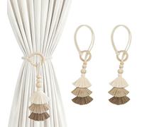Vauki Embrasse pour Rideaux, 2 Pièces Embrasses de Rideaux à Pompons, Frange Triangulaire Embrasse Rideau Bohème avec Anneaux en Bois, Fermoirs de Rideau Faites à Main pour Décorations de Maison