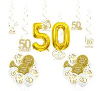 Vauki Lot de 50 Décorations Noces d’Or 50 Ans, 12 Spirales Suspendues, 2 Ballons Chiffre 50 Doré, 36 Ballons Amour Éternel, Ballons Hélium, Décoration Anniversaire pour Jubilé de Mariage