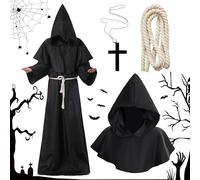 Vautvis Deguisement Moine Medieval Homme, Deguisement Halloween Homme Robe de Moine à Capuche Renaissance Médiévale Costume Pretre Sorcier avec Corde de Taille de Cape et Collier de Croix (L)