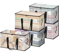 Vautvis Lot de 5 Grand Sac De Rangement Vetement, 100L Boite Rangement Vetement en Transparente, Housse de Couette Pliable avec Poignées pour Demenagement, Vêtements, Couvertures, Jouets, Livres
