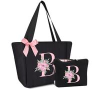 Vavabox Lot de 2 sacs fourre-tout avec initiale et trousse de maquillage avec lettres, cadeaux pour femme, demoiselle d'honneur, mère, sœur et enseignant, idéal pour mariage, anniversaire (B)