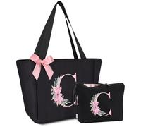 Vavabox Lot de 2 sacs fourre-tout avec initiale et trousse de maquillage avec lettres, cadeaux pour femme, demoiselle d'honneur, mère, sœur et enseignant, idéal pour mariage, anniversaire (C)