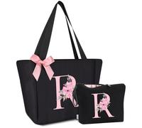 Vavabox Lot de 2 sacs fourre-tout avec initiale et trousse de maquillage avec lettres, cadeaux pour femme, demoiselle d'honneur, mère, sœur et enseignant, idéal pour mariage, anniversaire (R)