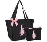 Vavabox Lot de 2 sacs fourre-tout avec initiale et trousse de maquillage avec lettres, cadeaux pour femme, demoiselle d'honneur, mère, sœur et enseignant, idéal pour mariage, anniversaire (I)