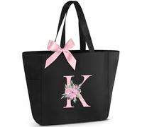 Vavabox Sac Cabas Personnalisé avec Initiale A-Z, Cadeau Imperméable pour Femmes, Demoiselles d'Honneur, Maman, Enseignantes, Amies (K, Noir)