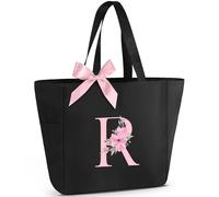 Vavabox Sac Cabas Personnalisé avec Initiale A-Z, Cadeau Imperméable pour Femmes, Demoiselles d'Honneur, Maman, Enseignantes, Amies (R, Noir)